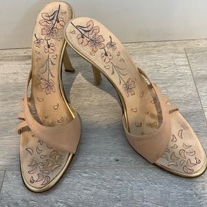 Vintage Vicini Beige Leather Mules Gold Metal Heels, Sz 36